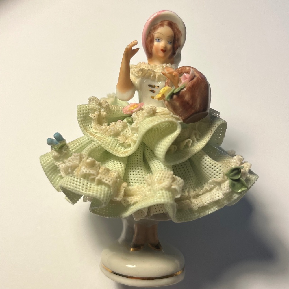 Dresden Lace Vintage German Porcelain Figurine Lady with Flower Basket